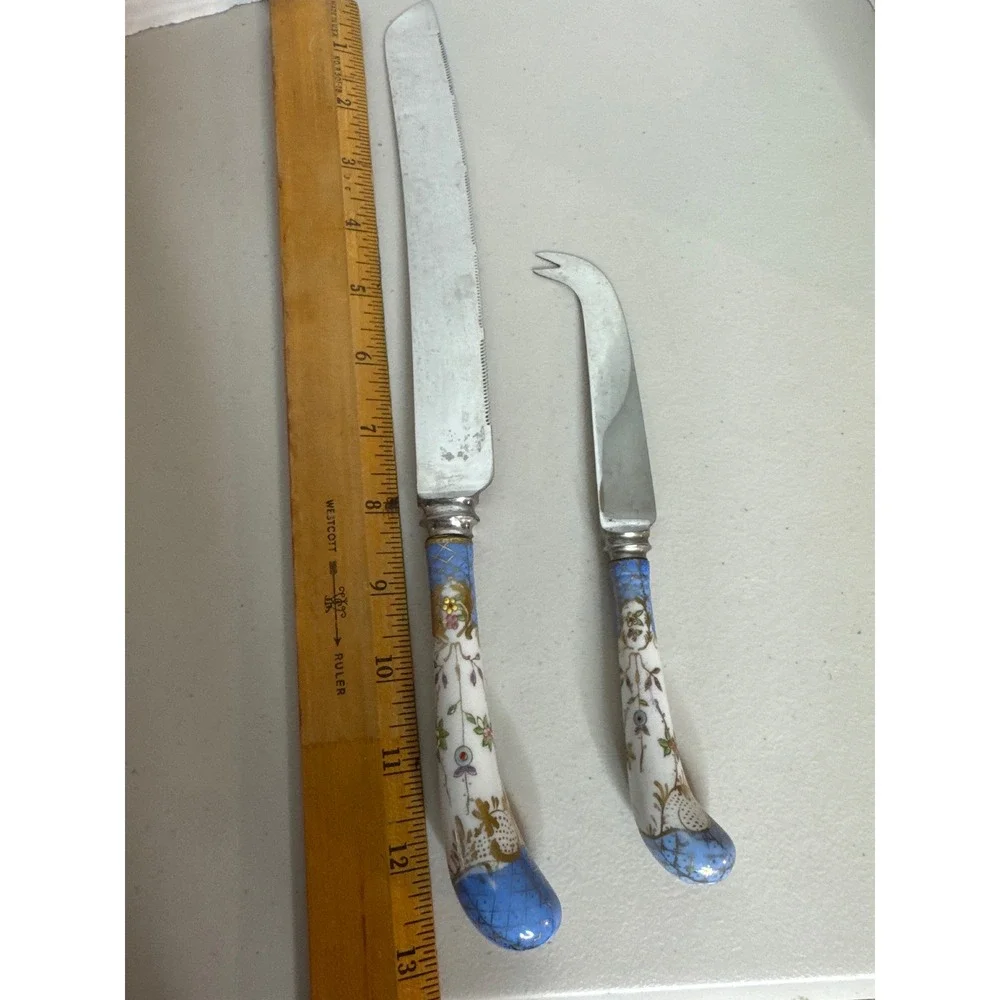 William Adams Sheffield England Stainless Knife Set Floral Ceramic Handles 2pc